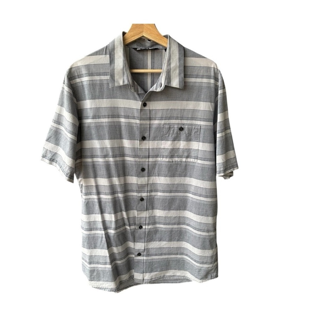 Travis Mathew Shirt Grey White Striped Short Sleeve Button Down Golf Mens Large